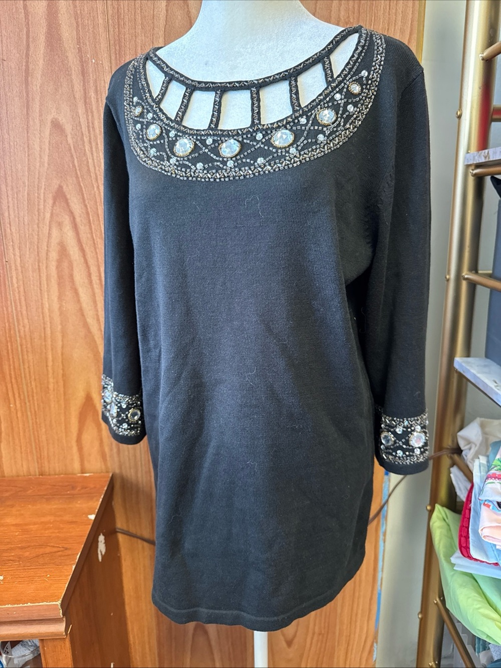 Bob Mackie Wearable Art Black Silver Rhinestone Sweater S Small Cotton Blend